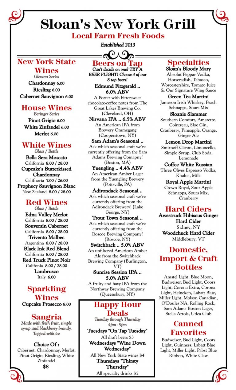 Bar Menu Sloan's