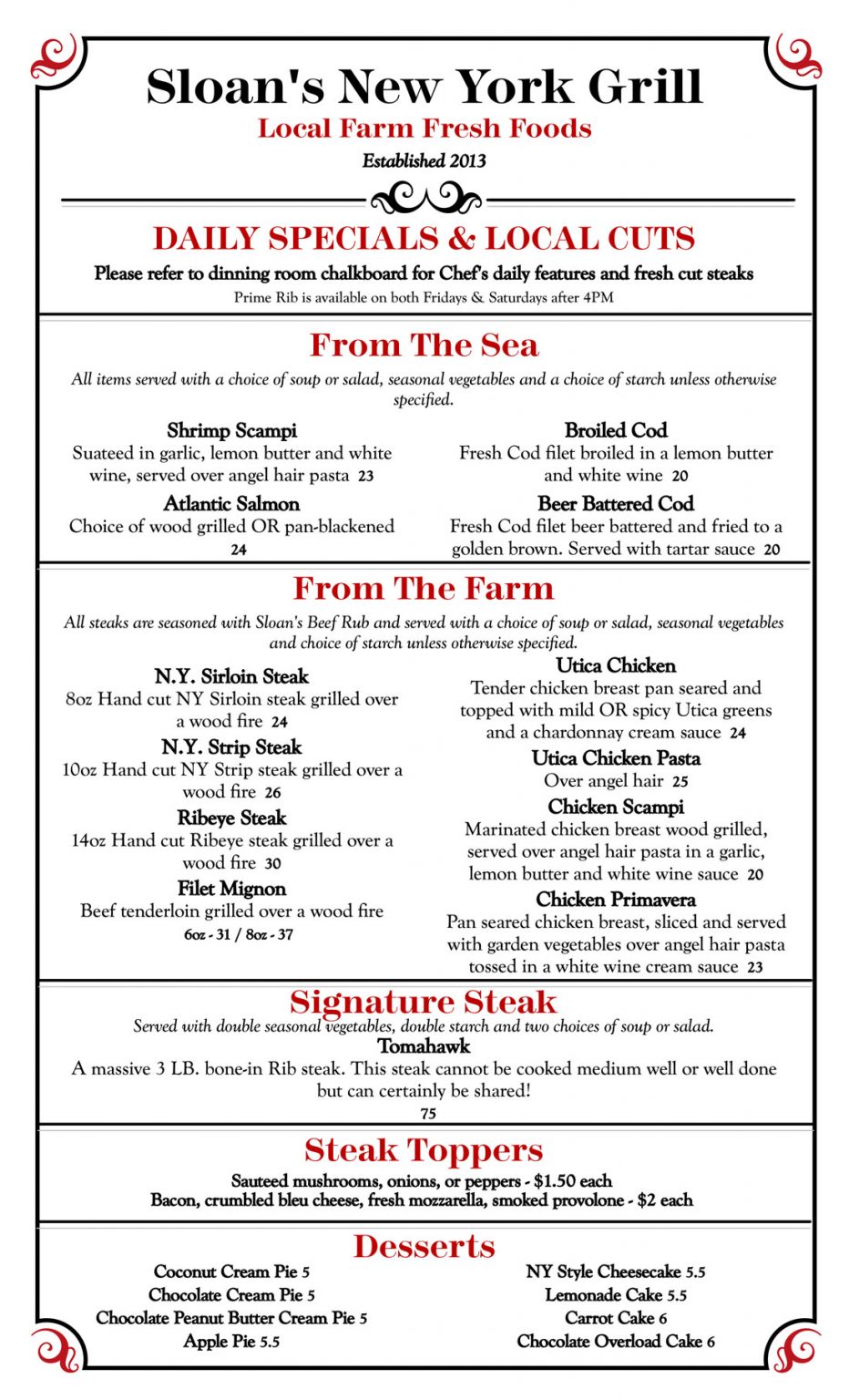 Dinner Menu Sloan's